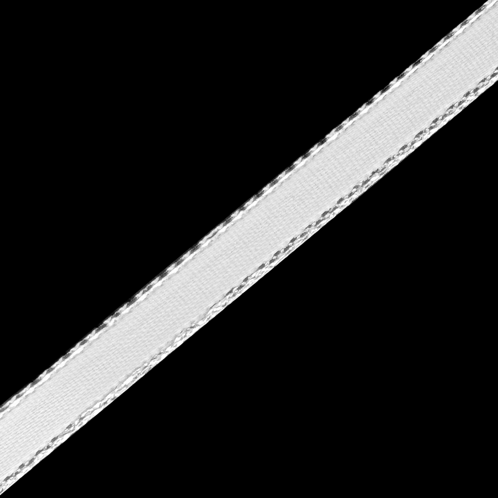white 1/4" double face satin ribbon with sparkling silver edges from Heit's Wholesale bulk sewing supply company
