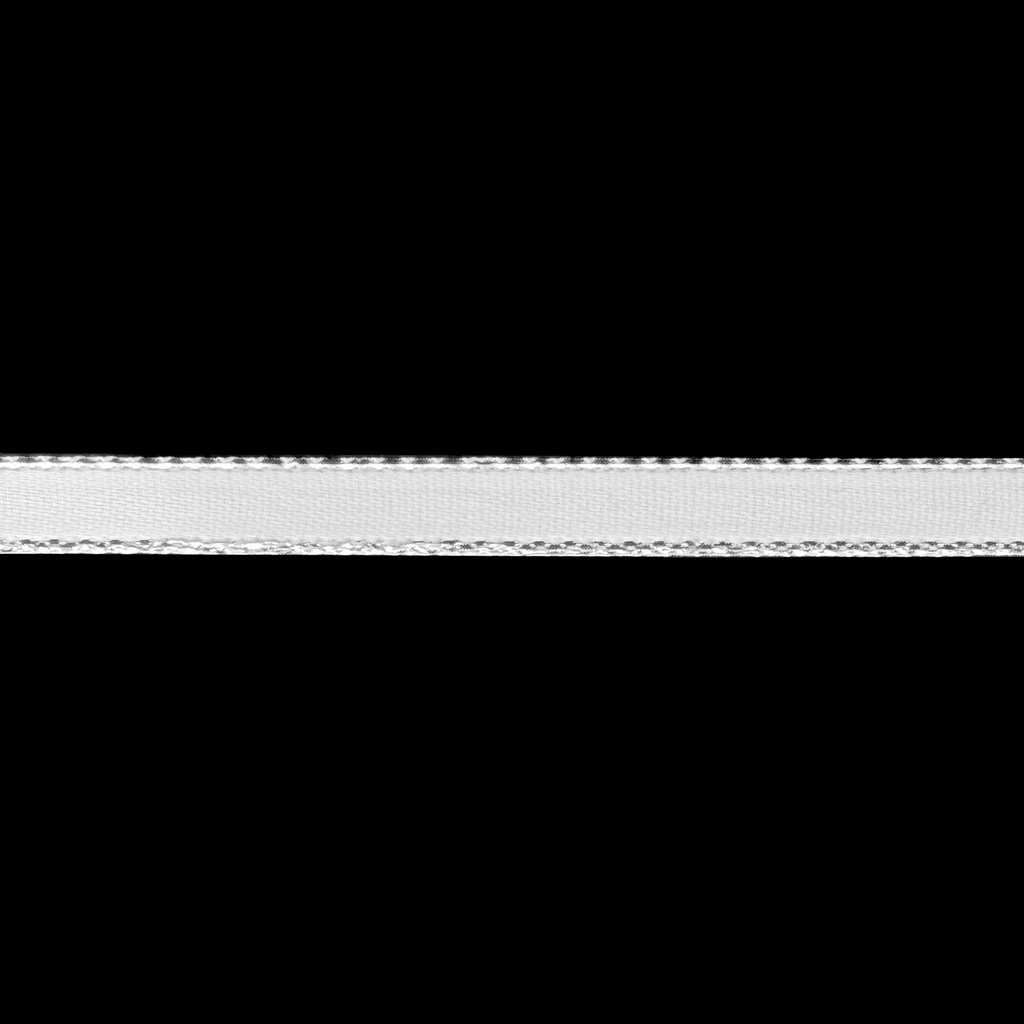 white 1/4" double face satin ribbon with sparkling silver edges from Heit's Wholesale bulk sewing supply company