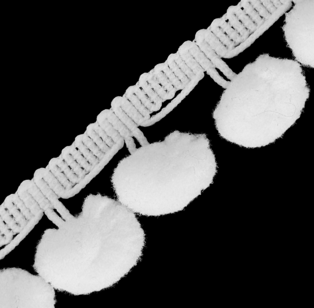 white 1" pom pom fringe from Heit's Wholesale bulk sewing supply company
