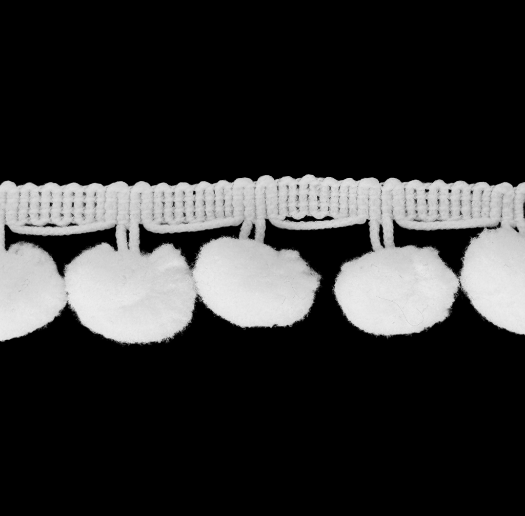 white 1" pom pom fringe from Heit's Wholesale bulk sewing supply company