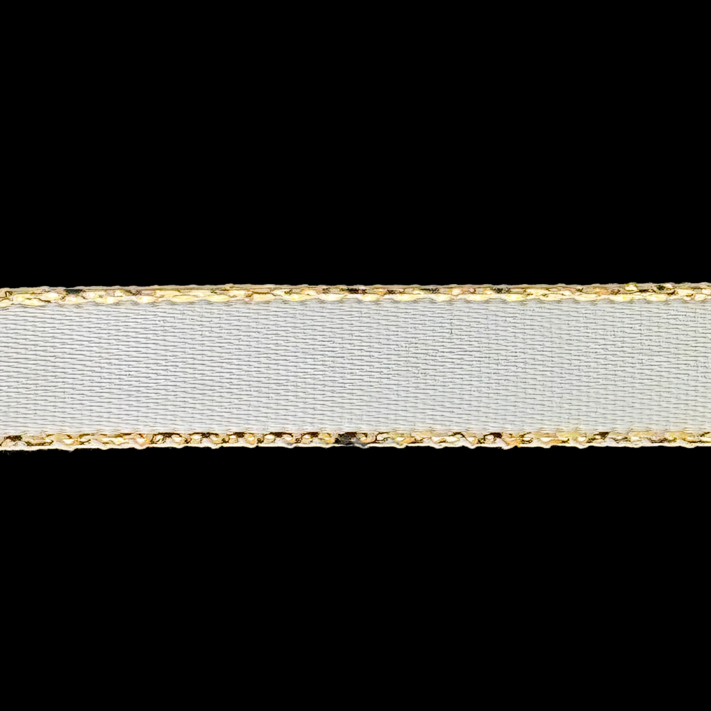 white 3/8" double faced satin ribbon with sparkling gold edges from Heit's Wholesale bulk sewing supply company