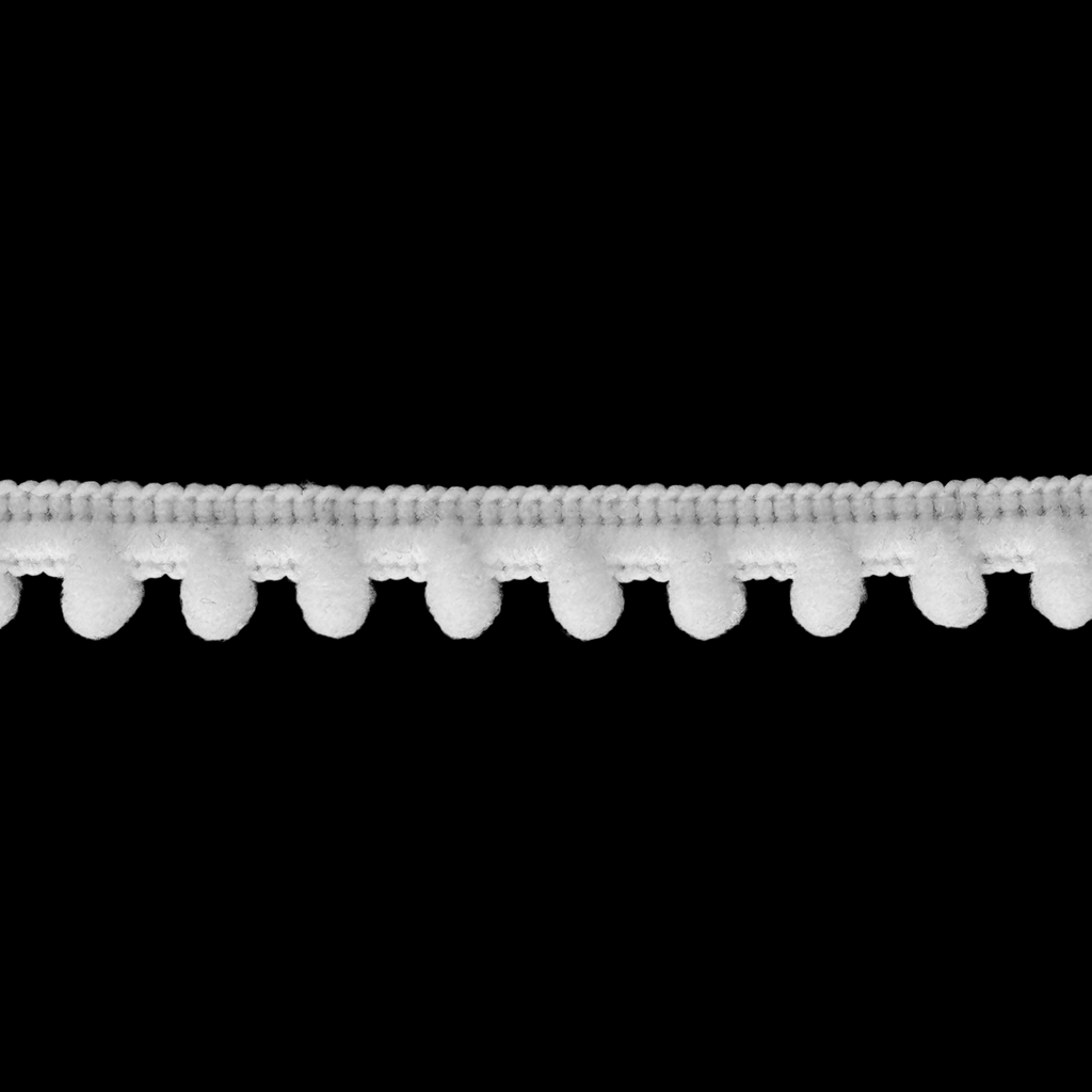 white baby pom pom fringe from Heit's Wholesale bulk sewing supply company